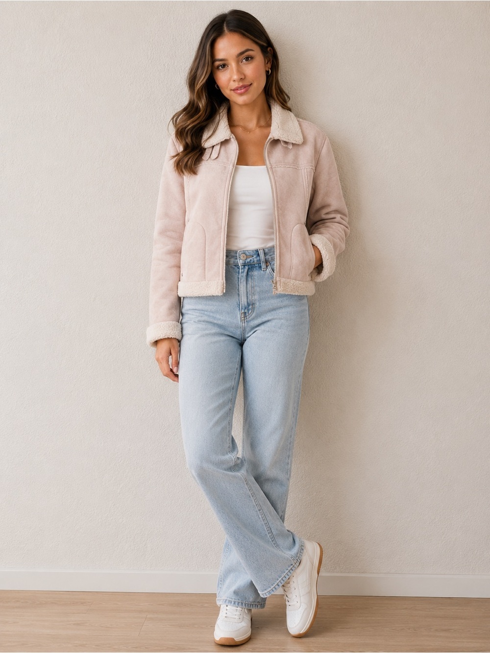 Suzy Shier Cream Faux Suede & Sherpa Jacket